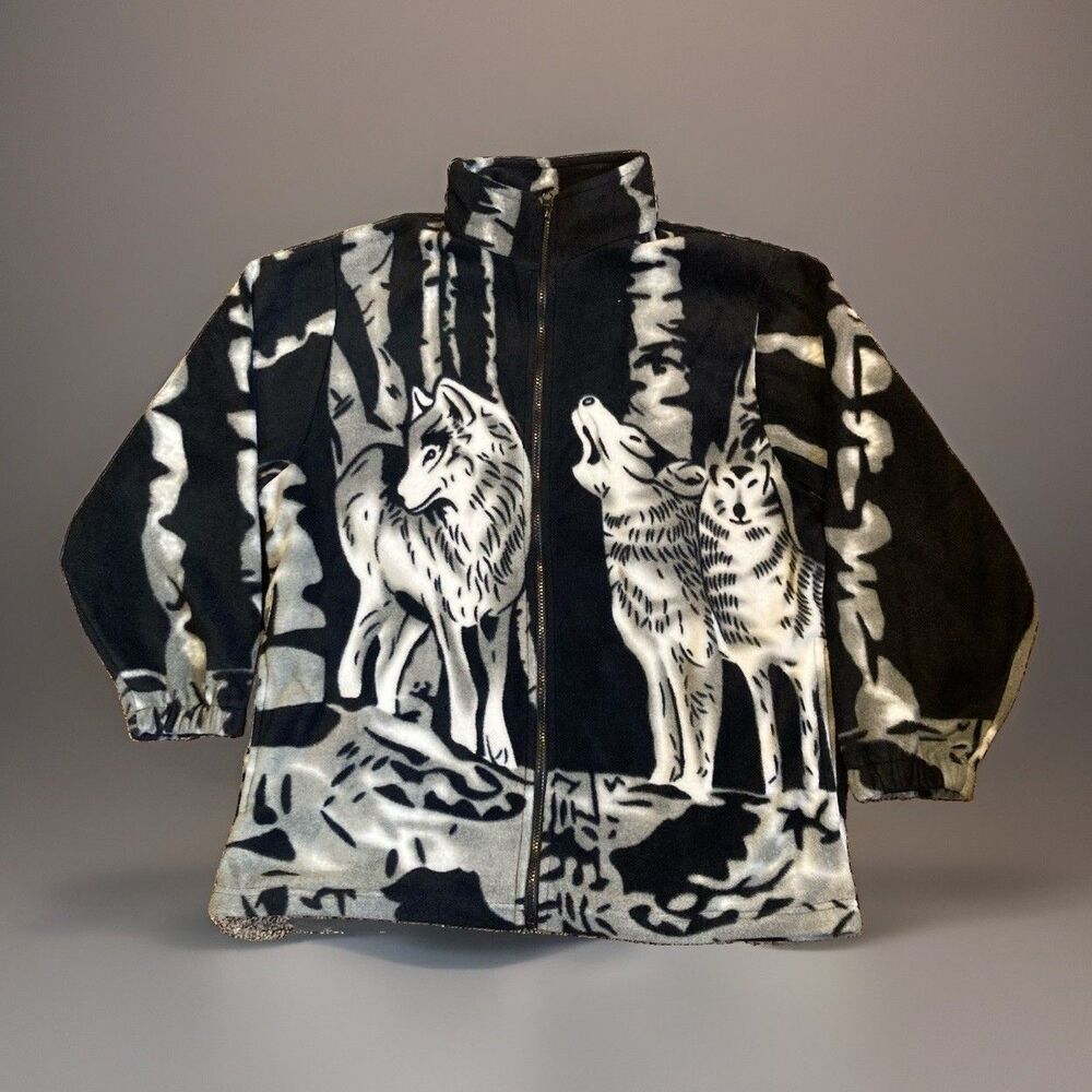 Kokopelli Fleece Jacket Wolf AOP Southwestern Full Zip Womens Large
